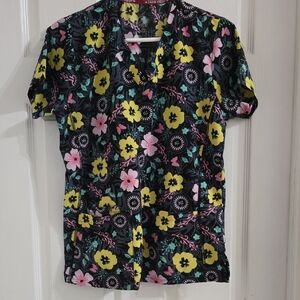 Black Floral Print Scrub Top with Yellow & Pink Flowers